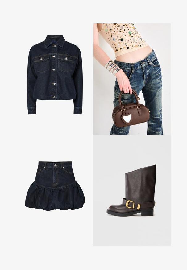 Temno modra jeans jakna s ovratnikom, ki ima dva žepa na prsih, srebrne zapirala na gumb in kontrastno rumeno šivanje. Skrajšana silhueta.; Bela srajca dolgimi rokavi s strukturiranim ovratnikom in črno kravato, ki ima gladko bombažno teksturo in zasnovo na gumb.; Temno modra krila iz denima z ožjim pasom in nabranim, napihnjenim robom. Ima sprednje žepe in kovinsko gumbno zapiranje.; Temno rjave usnjene čevlje do polovice meča z črnimi podplati, nizkim peto in dekorativnim zlatim pasom okoli gležnja, prikazano s strani.; Rjava usnjena torbica s poudarkom v obliki srca, zaobljene oblike, z zlatim okovjem, jo drži roka; v kombinaciji z postaranym jeansom in bisernim vrhom.