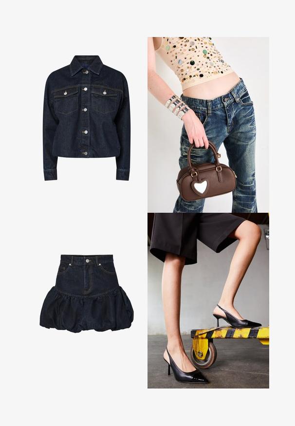 Tumman denim-takki, jossa on kaulus, kahdella rintataskulla, hopeiset napit ja erottuva keltainen ompelu. Lyhyt malli.; Valkoinen pitkähiha shirt, jossa on jämäkkä kaulus ja musta solmio, pehmeästä puuvillasta valmistettu, nappikiinnitys edessä.; Tummansininen farkkuhame, jossa on tiukka vyötärö ja kerroksellinen, puffimainen helma. Hameessa on etutaskut ja metallinen nappikiinnitys.; Mustat slingausta kengät, joissa on teräväkkäinen kärki ja kiiltävä patenttikorko. Stiletto-korko, sileä nahkasuunnittelu ja minimalistinen siluetti.; Ruskea nahkalaukku sydämenmuotoisella korosteella, pyöristetty muotoilu, kultaiset yksityiskohdat, jota pidetään kädessä; yhdistettyinä kuluneisiin farkkuihin ja helmillä varustettuun toppiin.