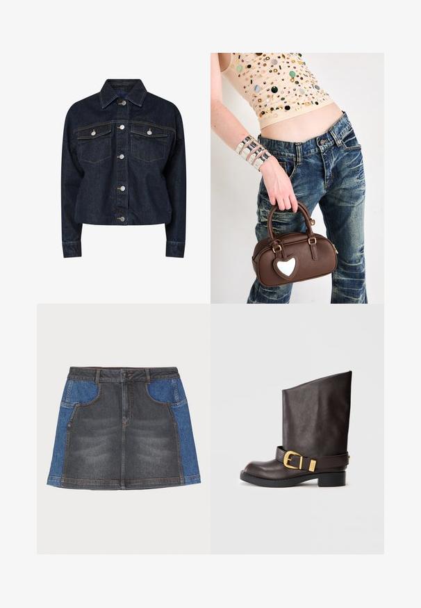 Donkerdenim jack met een kraag, voorzien van twee borstzakken, zilveren drukknoopjes en contrasterende gele stiksels. Luxe, cropped silhouet.; Witte langemouwen shirt met een gestructureerde kraag en een zwarte stropdas, met een gladde katoentextuur en een knoopsluiting aan de voorkant.; Jeansrok met een donkergrijze voorkant en lichtblauwe zijpanelen, voorzien van een normale tailleband, twee voorzakken en contrasterende stiksels.; Donkerbruine leren laars tot halverwege het kalf met zwarte zool, lage hak en decoratieve gouden gespstrand rond de enkel, zijaanzicht weergegeven.; Bruine leren handtas met een hartvormige accent, ronde vorm, gouden hardware, vastgehouden door een hand; gecombineerd met versleten denim en een geïgde top.