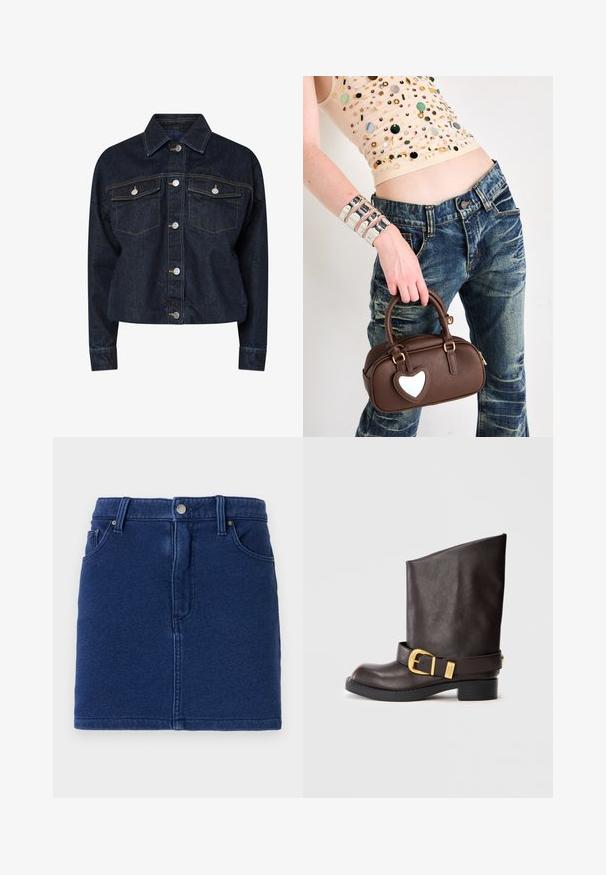 Tmavě modrá džínová bunda s límcem, obsahující dvě náprsní kapsy, stříbrné patentky a kontrastní žluté švy. Zkrácený silueta.; Bílá košile s dlouhým rukávem, se strukturálním límečkem a černou kravatou, vyrobená z hladkého bavlněného materiálu se zapínáním na knoflíky.; Džínová sukně v tmavě modré barvě s těsným střihem, předním zapínáním na knoflíky a dvěma postranními kapsami. Má viditelné švy a rovný lem.; Tmavě hnědá kožená bota po lýtko s černou podrážkou, nízkým podpatkem a dekorativním zlatým páskem kolem kotníku, zobrazená z boku.; Hnědá kožená kabelka s akcentem ve tvaru srdce, kulatý design, zlaté kovové prvky, držena v ruce; kombinována s ošoupanými džíny a korálkovým topem.