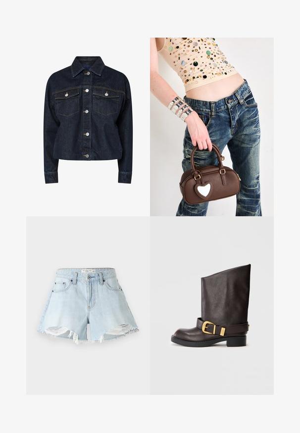 Jaqueta de ganga escura com colarinho, apresentando dois bolsos no peito, botões de pressão prateados e costura amarela em contraste. Silhueta curta.; Camisa branca de manga longa com colarinho estruturado e uma gravata preta, apresentando uma textura de algodão suave e um design de frente abotoada.; Calças de ganga azul claro, cortadas, com bainha destruída, bordas desfiadas e design clássico de cinco bolsos. Apresenta fecho de botão metálico e zíper.; Bota de couro castanha escura até ao meio da panturrilha, com sola preta, salto baixo e tira decorativa com fivela dourada à volta do tornozelo, apresentada de lado.; Saco de mão de couro castanho com um detalhe em forma de coração, design arredondado, ferragens douradas, segurado por uma mão; combinado com um denim desgastado e um top com contas.