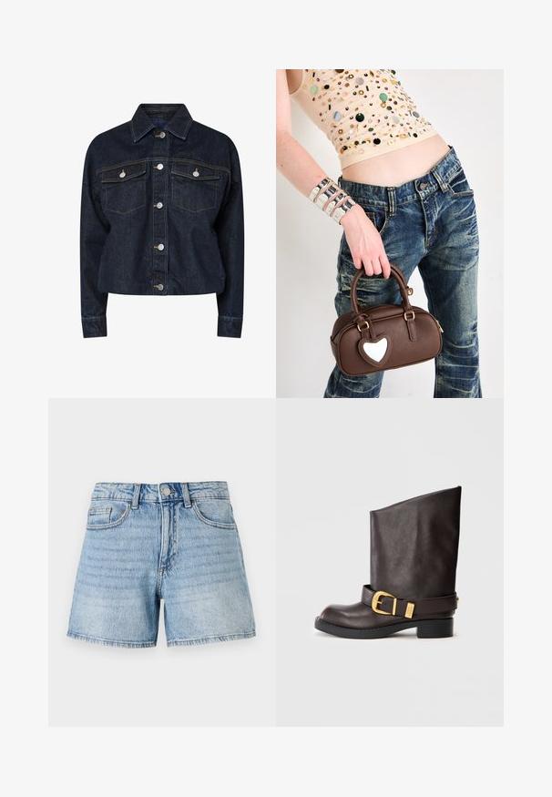 Mørk denimjakke med krage, med to brystlommer, sølvfarget trykknapper og kontrasterende gul søm. Kuttet silhuett.; Hvit langermet skjorte med strukturert krage og svart slips, utstyrt med en glatt bomullstekstur og en knapp-ned frontdesign.; Lyseblå denimshorts med høy midje, fem-lomme-design og kontrastsøm. Tøyet har et falmet, slitt utseende.; Mørkebrun skinnstøvlett til midten av leggen med svart såle, lav hæl og dekorativ gullspenne rundt ankelen, vist fra siden.; Brun lærveske med hjerteformet akcent, avrundet design, gullfarget beslag, holdt av en hånd; kombinert med slitt denim og en perledekket topp.