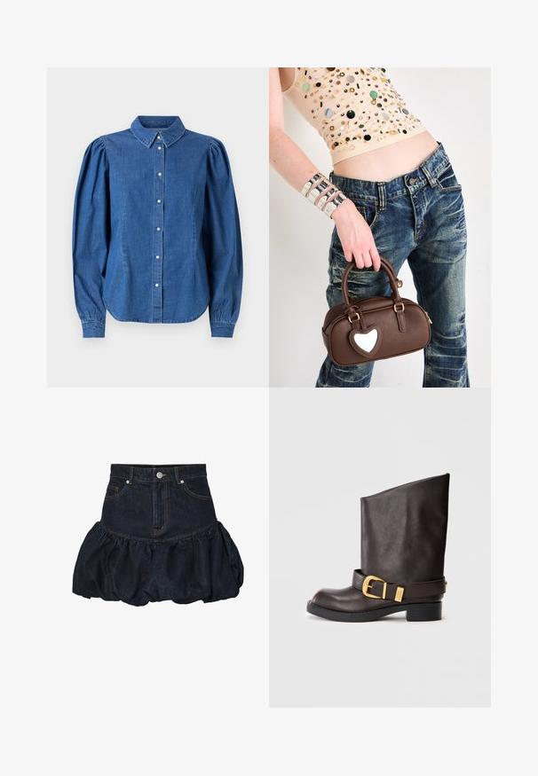 Ciemnoniebieska kurtka dżinsowa z kołnierzem, z dwiema kieszeniami na piersi, srebrnymi zatrzaskami i kontrastowym żółtym przeszyciem. Skrócona sylwetka.; Koszula dżinsowa w jasnoniebieskim kolorze, z zapięciem na guziki z przodu i dopasowanym kołnierzykiem. Posiada bufiaste długie rękawy i zaokrąglony dół.; Ciemnobłękitna spódnica dżinsowa z dopasowanym pasem i marszczonym, puszystym dołem. Posiada kieszenie z przodu i zapięcie na metalowy guzik.; Ciemnobrązowe skórzane botki sięgające do połowy łydki, z czarną podeszwą, niskim obcasem oraz dekoracyjnym złotym paskiem z klamrą wokół kostki, pokazane z boku.; Brązowa skórzana torebka z sercowym akcentem, o zaokrąglonym kształcie, ze złotymi elementami, trzymana w dłoni; połączona z przetartymi dżinsami i koralikową bluzką.