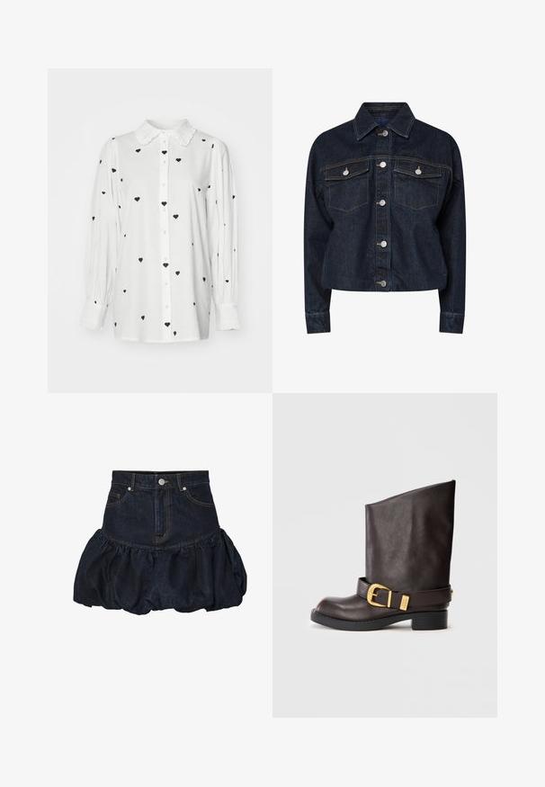 Dunkelblaue Jeansjacke mit Kragen, ausgestattet mit zwei Brusttaschen, silbernen Druckknöpfen und kontrastierenden gelben Nähten. Kürzere Silhouette.; Weißes Hemd mit Rüschensaum und schwarzen Herzmustern. Hat lange, leicht gepuffte Ärmel und einen geraden Schnitt.; Dunkelblaue Jeansrock mit einer taillierten Taille und einem gerafften, puffigen Rüschensaum. Verfügt über Fronttaschen und einen metallischen Knopfverschluss.; Dunkelbraune Lederstiefelette bis zur Wade mit schwarzer Sohle, niedrigem Absatz und dekorativem goldenen Schnallenriemen um den Knöchel, seitlich dargestellt.