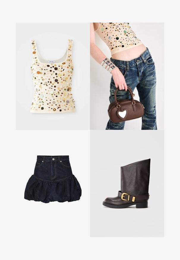 Veste en denim foncé avec un col, dotée de deux poches poitrine, de boutons-pression argentés et de coutures jaunes contrastantes. Silhouette cropped.; Top en crème côtelé avec des sequins multicolores, incluant des accents dorés, verts et bruns, présentant un décolleté carré et des bretelles étroites.; Jupe en denim foncé avec une taille ajustée et un bas à volants bouffants froncés. Comprend des poches avant et une fermeture à bouton métallique.; Bottine en cuir marron foncé mi-mollet avec semelle noire, petit talon et sangle décorative dorée autour de la cheville, vue de côté.; Sac à main en cuir marron avec un accent en forme de cœur, design arrondi, quincaillerie dorée, tenu par une main ; associé à un jean déchiré et un haut à perles.