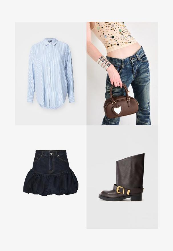 Tumši denima žakets ar apkakli, ar divām krūšu kabatām, sudraba snap pogām un kontrastējošām dzeltenām diegām. Saīsināta silueta.; Zils un balts svītrots krekls ar pogājamu apkakli, garām piedurknēm un brīvu piegriezumu. Izgatavots no viegla auduma, priekšpusē ir pogas.; Tumša džinsu svārki ar pieguļošu jostu un pūkainu rufļotu apakšdaļu. Iespējas priekšējās kabatas un metāla pogas aizdare.; Tumši brūni ādas zābaki līdz vidus teļam ar melnu zoli, zemu papēdi un dekoratīvu zelta sprādzi ap potīti, redzami no sāna.; Brahmas brūna ādas rokassoma ar sirds formas akcentu, noapaļota forma, zelta aparatūra, ko tur rokā; apvienota ar nodilušām džinsu biksēm un krellēm rotātu kreklu.