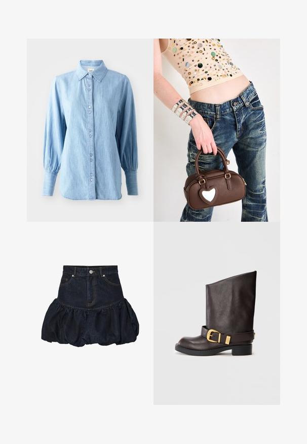 Giacca in denim scuro con colletto, caratterizzata da due tasche sul petto, bottoni a pressione argentati e cuciture gialle in contrasto. Silhouette corta.; Camicia in denim azzurro chiaro con colletto, chiusura con bottoni davanti e maniche lunghe a sbuffo. Presenta una texture sottile e bottoni abbinati.; Top bianco senza spalline con dettagli arricciati, texture plissettata e vita elasticizzata. Realizzato in morbido cotone.; Gonna in denim scuro con vita aderente e un fondo arricciato e gonfio. Presenta tasche frontali e chiusura con bottone in metallo.; Stivale in pelle marrone scuro a metà polpaccio con suola nera, tacco basso e cinturino decorativo in oro attorno alla caviglia, visto di lato.; Borsa in pelle marrone con un accento a forma di cuore, design arrotondato, accessori in metallo dorato, tenuta da una mano; abbinata a jeans distressed e a una maglietta con perline.
