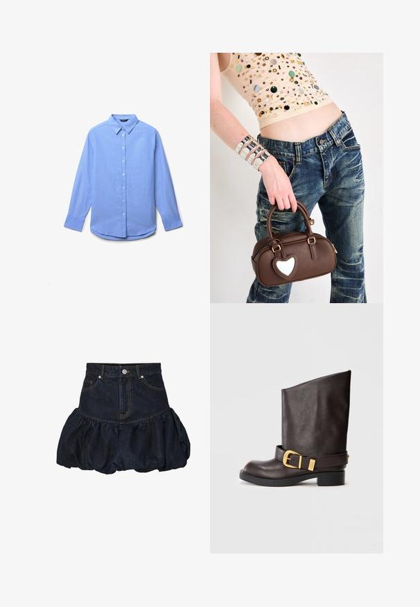 Dark denim jacket with a collar, featuring two chest pockets, silver snap buttons, and contrasting yellow stitching. Cropped silhouette.; Light blue long-sleeve shirt made of smooth fabric. Features a button-down collar and front button placket, with buttoned cuffs and rounded hem.; Dark denim skirt with a fitted waist and a gathered, puffy ruffled bottom. Features front pockets and a metal button closure.; Dark brown mid-calf leather boot with black sole, low heel, and decorative gold buckle strap around the ankle, shown from the side.; Brown leather handbag with a heart-shaped accent, rounded design, gold hardware, held by a hand; paired with distressed denim and a beaded top.