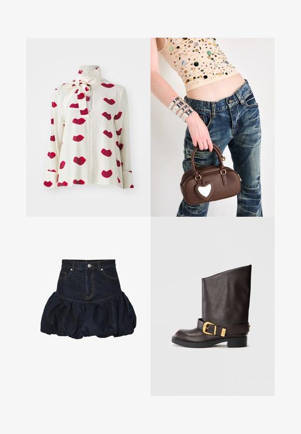 Tmavomodrá džínová bunda s golierom, obsahujúca dve náprsné vrecká, strieborné cvoky a kontrastné žlté stehy. Skrátený strih.; Biela blúzka s dlhým rukávom a vysokým golierom s mašľou. Má červenú potlač pier na látke. Ľahký, hladký povrch.; Tmavomodrá džínová sukňa s priliehajúcim pásom a nariaseným, nadýchaným volánovým spodkom. Obsahuje predné vrecká a kovový gombík na zapínanie.; Tmavo hnedá kožená čižma po členky s čiernou podrážkou, nízkym podpätkom a dekoratívnym zlatým prackovým pásom okolo členka, zobrazená zo strany.; Hnedá kožená kabelka s akcentom v tvare srdca, zaoblený dizajn, zlaté kovania, držaná v ruke; skombinovaná s poškodenými džínsami a korálkovým topom.