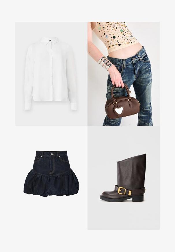 Tmavomodrá džínová bunda s golierom, obsahujúca dve náprsné vrecká, strieborné cvoky a kontrastné žlté stehy. Skrátený strih.; Biela košeľa s dlhým rukávom, ktorá má zapínanie na gombíky, klasický golier a hladký materiál s mierne voľným strihom.; Tmavomodrá džínová sukňa s priliehajúcim pásom a nariaseným, nadýchaným volánovým spodkom. Obsahuje predné vrecká a kovový gombík na zapínanie.; Tmavo hnedá kožená čižma po členky s čiernou podrážkou, nízkym podpätkom a dekoratívnym zlatým prackovým pásom okolo členka, zobrazená zo strany.; Hnedá kožená kabelka s akcentom v tvare srdca, zaoblený dizajn, zlaté kovania, držaná v ruke; skombinovaná s poškodenými džínsami a korálkovým topom.