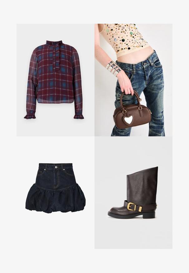 Tmavomodrá džínová bunda s golierom, obsahujúca dve náprsné vrecká, strieborné cvoky a kontrastné žlté stehy. Skrátený strih.; Halenka s dlhými rukávmi, v bordovom a modrom kockovanom vzore, s volánovým vysokým golierom, gombíkovou légou a volánovými manžetami.; Tmavomodrá džínová sukňa s priliehajúcim pásom a nariaseným, nadýchaným volánovým spodkom. Obsahuje predné vrecká a kovový gombík na zapínanie.; Tmavo hnedá kožená čižma po členky s čiernou podrážkou, nízkym podpätkom a dekoratívnym zlatým prackovým pásom okolo členka, zobrazená zo strany.; Hnedá kožená kabelka s akcentom v tvare srdca, zaoblený dizajn, zlaté kovania, držaná v ruke; skombinovaná s poškodenými džínsami a korálkovým topom.