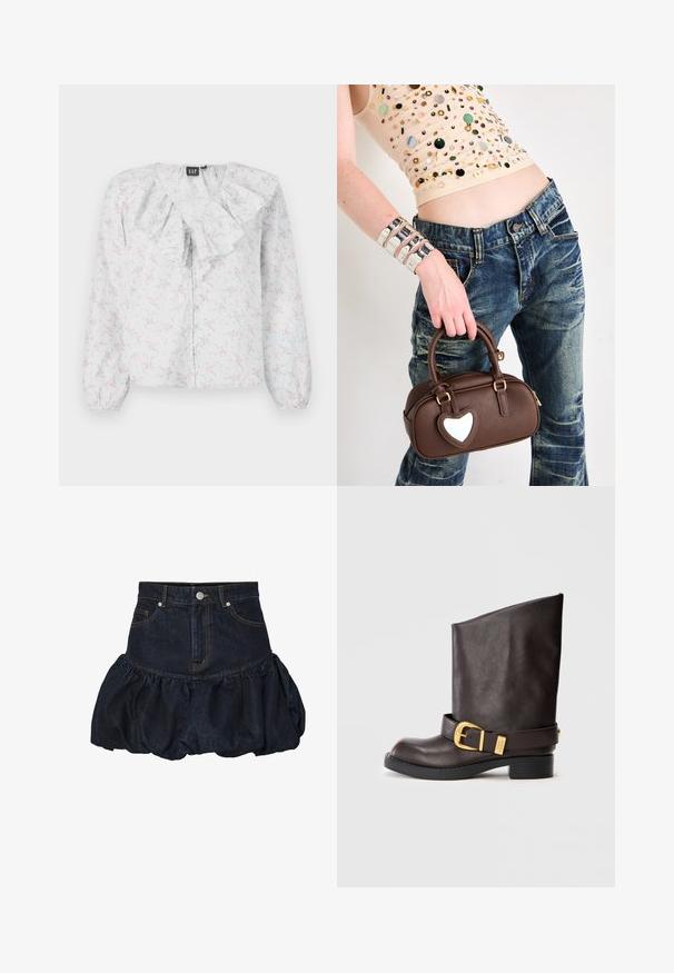 Giacca in denim scuro con colletto, caratterizzata da due tasche sul petto, bottoni a pressione argentati e cuciture gialle in contrasto. Silhouette corta.; Blusa bianca con scollo arricciato, motivo floreale in rosa e blu, maniche lunghe e chiusura frontale con bottoni. Tessuto leggero e testurizzato.; Gonna in denim scuro con vita aderente e un fondo arricciato e gonfio. Presenta tasche frontali e chiusura con bottone in metallo.; Stivale in pelle marrone scuro a metà polpaccio con suola nera, tacco basso e cinturino decorativo in oro attorno alla caviglia, visto di lato.; Borsa in pelle marrone con un accento a forma di cuore, design arrotondato, accessori in metallo dorato, tenuta da una mano; abbinata a jeans distressed e a una maglietta con perline.