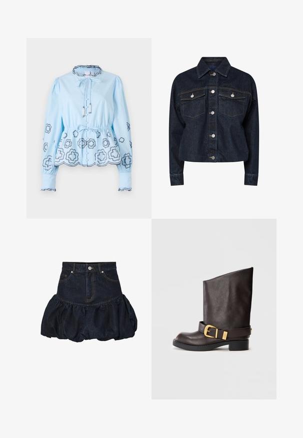 Sötét farmerdzseki, gallérral, két mellzsebbel, ezüst színű patentgombokkal és kontrasztos sárga varrással. Rövidített sziluett.; Világoskék blúz hosszú ujjakkal, fodros nyakkal és húzózsinórral. Díszes virágmintákkal és gombos záródással a fronton.; Sötét farmer szoknya, amelynek szűk dereka van és fodros, puffos alja. Elöl zsebekkel és fémből készült gombos záródással rendelkezik.; Sötétbarna, vádli közepéig érő bőrcsizma fekete talppal, alacsony sarkú, és díszes arany csatpánttal a bokán, oldalnézetből bemutatva.