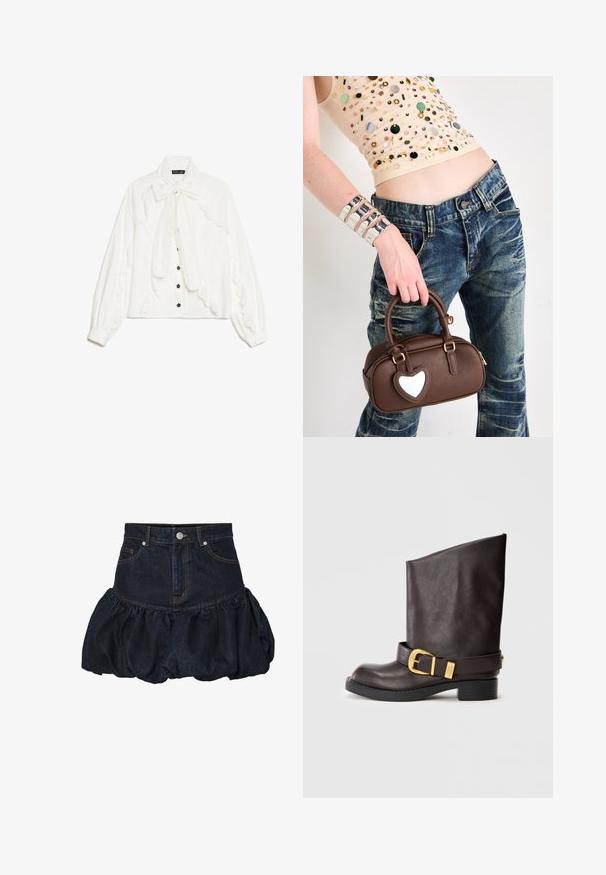 Tmavě modrá džínová bunda s límcem, obsahující dvě náprsní kapsy, stříbrné patentky a kontrastní žluté švy. Zkrácený silueta.; Bílé dlouhé rukávy blůza s krajkovým lemováním, límcem s mašlí a malými černými květinovými knoflíky po celé přední straně.; Tmavě modrá džínová sukně s přiléhavým pasem a nařaseným, vypouklým spodním lemem. Má přední kapsy a kovové zapínání na knoflík.; Tmavě hnědá kožená bota po lýtko s černou podrážkou, nízkým podpatkem a dekorativním zlatým páskem kolem kotníku, zobrazená z boku.; Hnědá kožená kabelka s akcentem ve tvaru srdce, kulatý design, zlaté kovové prvky, držena v ruce; kombinována s ošoupanými džíny a korálkovým topem.