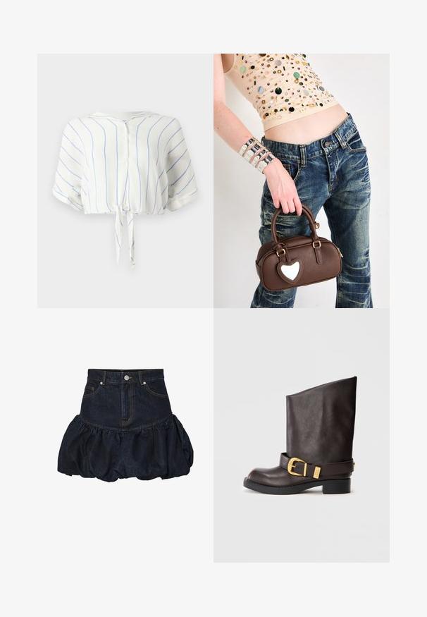 Mørk denimjakke med krage, med to brystlommer, sølvfarget trykknapper og kontrasterende gul søm. Kuttet silhuett.; Hvitt kortermet bluse med blå vertikale striper, knytedesign foran og knappelukking ved halsen. Mykt, lett stoff.; Mørk denimskjørt med en tettsittende midje og en samlet, puffy volangbunn. Har frontlommer og metallknapper til lukking.; Mørkebrun skinnstøvlett til midten av leggen med svart såle, lav hæl og dekorativ gullspenne rundt ankelen, vist fra siden.; Brun lærveske med hjerteformet akcent, avrundet design, gullfarget beslag, holdt av en hånd; kombinert med slitt denim og en perledekket topp.