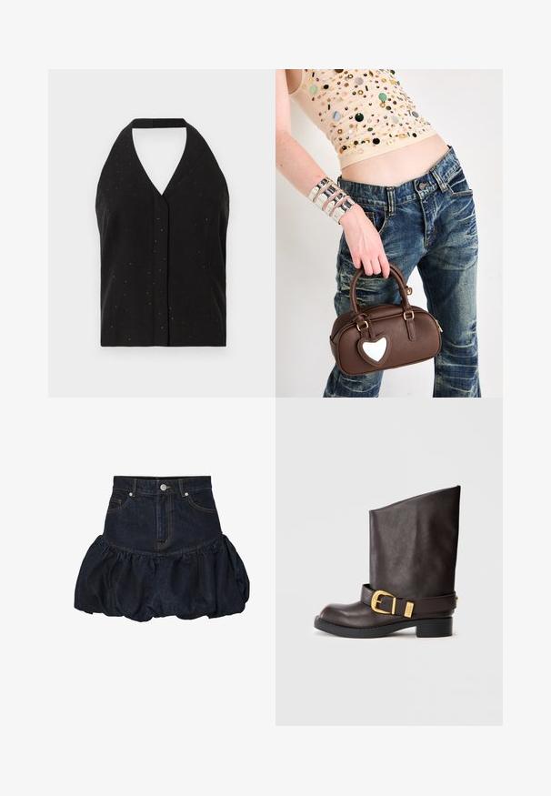 Mørk denimjakke med krave, der har to brystlommer, sølvfarvede trykknapper og kontrasterende gul syning. Forkortet silhuet.; Sort halterneck-top uden ærmer med en dyb V-hals, subtile funklende detaljer og et tætsiddende design med en bindingslukning på ryggen.; Mørk denim nederdel med en tætsiddende talje og en samlet, puflet nederste del med flæser. Har forlommer og knaplukning i metal.; Mørkebrune læderstøvler til midt på lægen med sort sål, lav hæl og dekorativt guldbuckle-strap rundt om anklen, vist fra siden.; Brun læderhåndtaske med et hjerteformet element, rund design, guld hardware, holdt af en hånd; parret med slidte denim og en perlesmykket top.