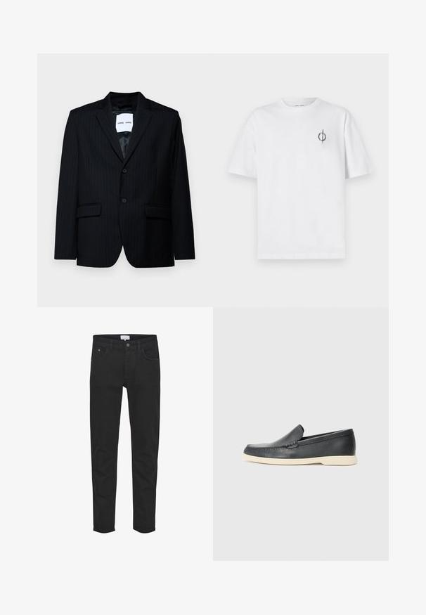 Mustvalge pinstripe bleiser sileda kangaga, millel on sanga krae, kahe nööbi sulgemine ja kaks esikotid. Sees on sile vooder.; Valge puuvillane t-särk lõdva sobivusega, millel on vasakul rinnal väike must graafiline logo. Lühikesed varrukad, ümmargune kaelus.; Mustad denim püksid sisaldavad viis taskut, lukuga esiots, kitsas lõige ja peened tikandi detailid. Kangas on sileda tekstuuriga.; Must musta sussid mustast nahast, millel on tekstuuriga pind ja kontrastne beež kummitald. Ees on peen aktsent.