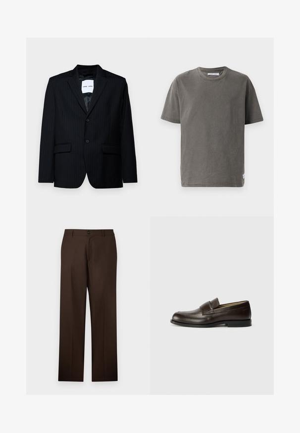 Schwarzer Nadelstreifenblazer aus glattem Stoff, mit einem Reverskragen, zweiknopfigem Verschluss und zwei vorderen Taschen. Das Innenfutter ist glatt.; Graues Baumwoll-T-Shirt mit kurzen Ärmeln und rundem Halsausschnitt, das eine leicht ausgebleichte Textur und einen seitlichen Schlitz am Saum für zusätzlichen Detailreichtum aufweist.; Braune, maßgeschneiderte Hosen im gerade geschnittenen Design, mit Knopfverschluss und glatter Stofftextur. Keine sichtbaren Muster oder Akzente.; Calvin Klein Slipper - cocoa brown