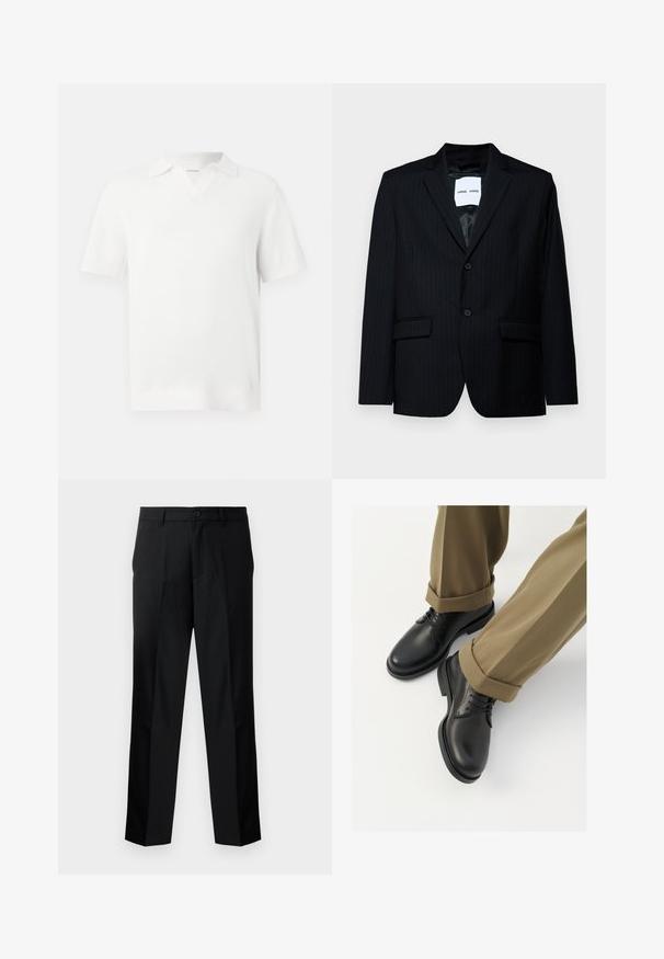 Svart pinstripe blazer laget av glatt stoff, med notklapp, to-knappslukking og to frontlommer. Innvendig har den en glatt fôr.; Hvit kortermet polo-skjorte med teksturert strikkedesign, med V-halskrage og ribbestrikkede mansjetter for en tettsittende finish.; Sorte skreddersydde bukser med rett snitt, med knappelukking, glidelås og beltehemper. Glatt stoff med sidelommer.; Svarte lærherresko med glatt overflate, med snøring og rund tå, kombinert med oppbrettede khaki-bukser.