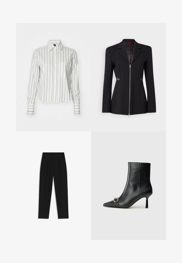 Sort blazer med en skarp krave, frontlynlås, figursyet design og mesh sidepaneler. Glat stof med et diskret indre mønster.; Hvid langærmet skjorte med tynde lodrette sorte striber, med krave med knapper, frontlomme og manchetter.; Sorte bukser med lige pasform, der har dobbelte folder, en glat tekstur og et klassisk taljedesign. Ingen synlige hardware eller accenter.; Sort læder ankelstøvle med spidse tæer, slank hæl i mellemhøjde og sølvspænde detaljer på siden mod en ensfarvet baggrund.