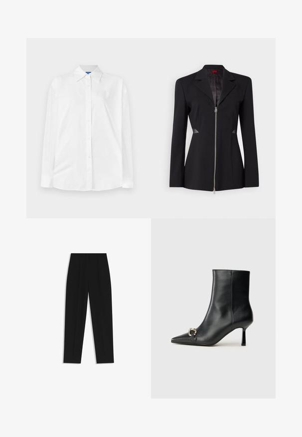 Musta bleiseri terävän kauluksen, etuvetoketjun, istuvan muotoilun ja verkkokankaisia sivuyksityiskohtia. Sujuva kangas, jossa on hienovarainen sisäkuvio.; Valkoinen nappikauluspaita, jossa on klassinen kaulus, pitkät hihat ja hienovarainen sävykuviointi kauttaaltaan. Suora puuvillakangas, jossa on rento istuvuus.; Mustat housut suoran istuvuuden kanssa, joissa on kaksinkertaiset laskokset, sileä pinta ja klassinen vyötärönauhan muotoilu. Ei näkyviä metalliosia tai koristeita.; Musta nahkasaapas nilkkapituisilla, terävillä kärjillä, hoikalla keskipituisella korolla ja hopeavöillä sivussa yksinkertaista taustaa vasten.