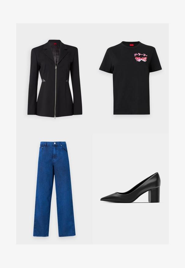 Sacou negru cu un guler ascuțit, fermoar frontal, design ajustat și accente laterale din plasă. Material neted cu un model interior subtil.; Tricou din bumbac negru cu mâneci scurte, având o grafică roz cu o pereche de ochelari de soare și textul "Not Your Girl" pe zona stângă a pieptului.; Pantaloni din denim albastru cu croială largă și talie înaltă, cu detalii de cusut, buzunare pe față și închidere cu buton metalic.; Cizmă din piele neagră, cu vârf ascuțit și toc pătrat masiv. Textură netedă, design simplu, potrivit pentru setări formale.