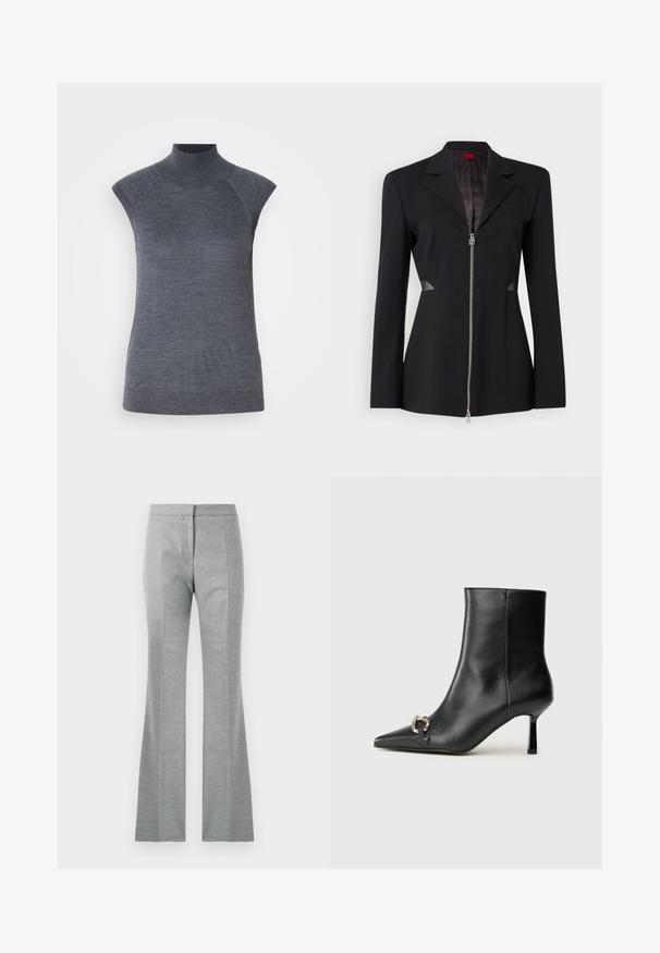 Černý blazér s ostrým límcem, předním zipem, přiléhavým střihem a síťovými bočními detaily. Hladká tkanina s jemným vnitřním vzorem.; Šedý bezrukávový rolák, přiléhavý střih, žebrovaná textura, hladká látka, vysoký límec a stylové vykrojení na ramenech.; Šedé rozšířené kalhoty s vertikálními švy, vyrobené z jemné texturované tkaniny. Mají přiléhavý pas a hladký povrch.; Černá kožená kotníková bota s špičatou špičkou, úzkým středně vysokým podpatkem a stříbrnou sponou na straně, na jednobarevném pozadí.