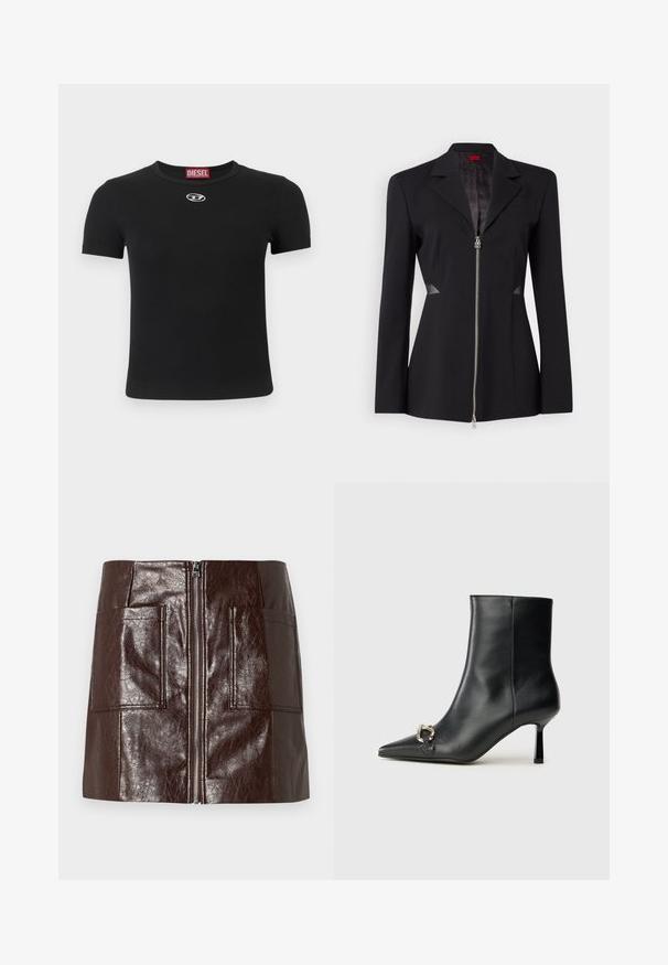 Černý blazér s ostrým límcem, předním zipem, přiléhavým střihem a síťovými bočními detaily. Hladká tkanina s jemným vnitřním vzorem.; Černé tričko s krátkými rukávy a žebrovanou texturou, s kulatým výstřihem a malým stříbrným logem uprostřed vpředu.; Hnědá mini sukně z umělé kůže s předním zipem, dvěma velkými předními kapsami a hladkou, lesklou texturou.; Černá kožená kotníková bota s špičatou špičkou, úzkým středně vysokým podpatkem a stříbrnou sponou na straně, na jednobarevném pozadí.