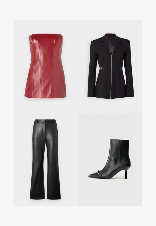 Czarna marynarka z ostrym kołnierzem, zamkiem błyskawicznym z przodu, dopasowanym krojem i siateczkowymi wstawkami po bokach. Gładka tkanina z subtelnym wewnętrznym wzorem.; Czerwony górny top bez ramiączek wykonany z błyszczącej sztucznej skóry. Posiada dopasowane szwy i przylegający fason. Gładka tekstura z lekkim połyskiem.; Czarne skórzane spodnie o gładkiej fakturze, szerokiej nogawce oraz średniej wysokości pasie z szlufkami na pasek i przednimi kieszeniami.; Czarny skórzany botek za kostkę z szpiczastym noskiem, smukłym średnim obcasem i srebrnym zapięciem po boku na jednolitym tle.