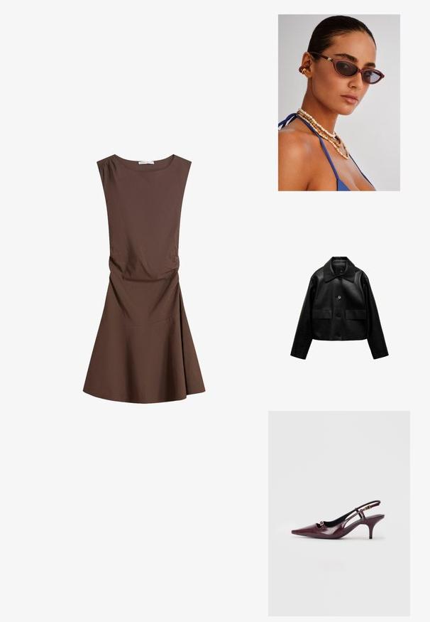 Mango Giacca in similpelle - black; Abito marrone senza maniche, lungo fino al ginocchio, con scollatura rotonda e leggera arricciatura laterale, gonna svasata su sfondo bianco puro.; Tacchi slingback bordeaux con punta affusolata, finitura in pelle lucida, piccolo taglio davanti e tacco a spillo sottile con dettagli dorati.; Occhiali da sole cat-eye color marrone con lenti scure, intricate collane di perline marroni e un top di tessuto blu. Pelle liscia con una finitura naturale.; Borsa a tracolla rossa in pelle con design strutturato, caratterizzata da una maniglia superiore, texture liscia e chiusura a pattina. Forma semplice e moderna.