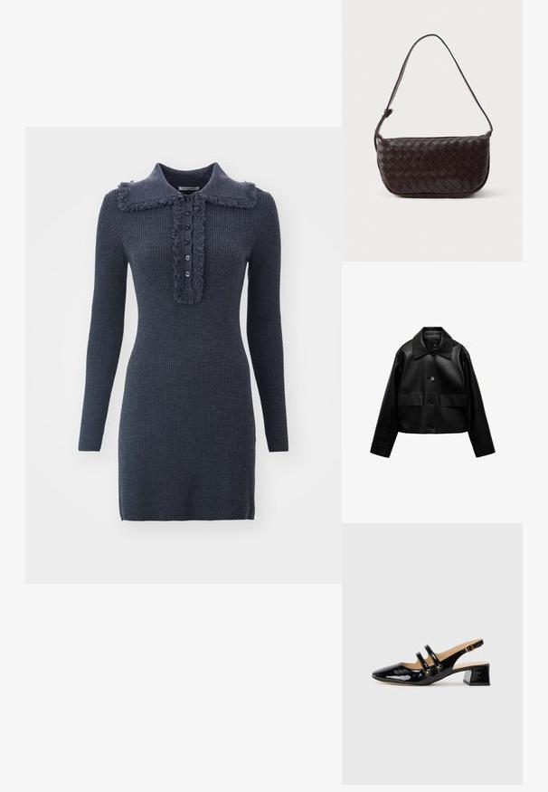 Mango Bunda z umělé kůže - black; Tmavě modré žebrované šaty s roztrhaným límcem, pěticí knoflíků uprostřed a dlouhými rukávy, vyrobené z texturovaného úpletu.; Černá lakovaná slingback obuv s špičatou špičkou, dvěma popruhy, zlatými kruhovými detaily a nízkým blokovým podpatkem.; Tkaná kožená taška přes rameno ve tmavě hnědé barvě s prohnutým tvarem, nastavitelným popruhem a hladkým povrchem. Kompaktní design bez viditelného kování.