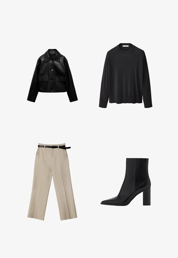 Mango Keinonahkatakki - black; Mustana neulottuna neuleena, jossa on ribbireunuksellinen pyöreä kaula-aukko, pitkät hihat ja suora helma. Pehmeä tekstuuri, minimalistinen muotoilu ja monikäyttöinen tyyli.; Beige leveled-housut, joissa on sileä pinta, etutaskut ja musta nahkavyö. Muotoiltu malli, jossa on terävät taitteet.; Mustat nahkakengät nilkkapituisilla, teräväkärkisillä, neliskanttisine kannallinen, sileä pinta ja ompeluyksityiskohtia saumoissa. Kannan korkeus on noin 3,5 tuumaa.