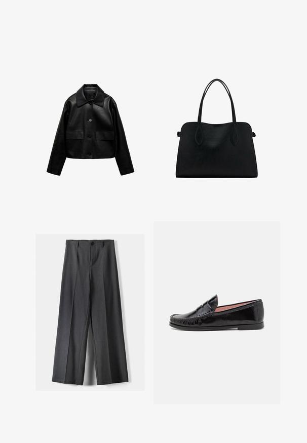 Mango Jakna iz umetnega usnja - black; Svetnik brez rokavov v temno sivi barvi z okroglim izrezom, rebrastim robom in šivom na ramenih. Tkanina ima gladko in nekoliko raztegljivo teksturo.; Hlače širokega kroja v temno sivi tkanini, z gumbnim zapenjanjem, sprednjimi naborki in zankami za pas. Gladka tekstura s prilagojenim dizajnom.; Črne lakirane loafer čevlje z zaobljenim nosom, dekorativnim šivom na zgornjem delu in nizkim, ravnim gumijastim podplatom.; Črna usnjena torbica z dvema naramnima trakoma, pravokotne oblike in minimalističnim dizajnom na beli podlagi.