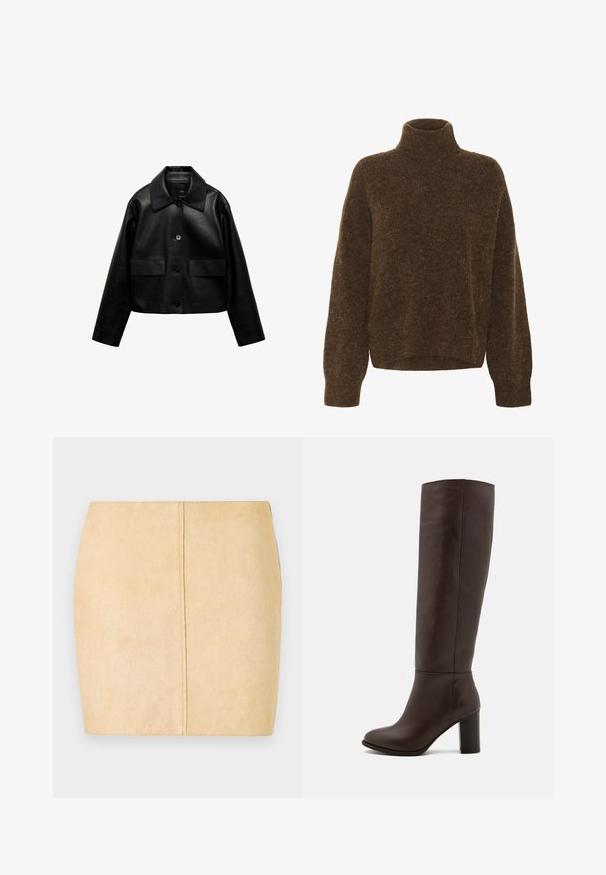 Mango Jakna iz umetnega usnja - black; Rjava, debela pletena pulover s turtleneck ovratnikom, sproščenega kroja, spuščeni rameni in rebrastimi manšetami. Mehka tekstura, brez vidnih vzorcev ali kovinskih delov.; Bež mini krilo iz semiša, ki se ponaša z gladko teksturo, obliko, ki se prilega, in osrednjim šivom. Brez vidne kovinske opreme ali okrasnih elementov.; Rjave usnjene škornje do kolen s blok peto, gladko teksturo, zaokroženim nosom in minimalnimi šivi.