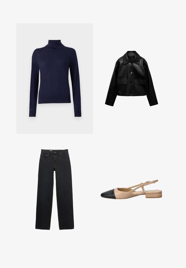 Mango Jakna iz umetnega usnja - black; Mornarica pulover s turtleneck ovratom, izdelan iz fine pletenine, ima dolge rokave, rebrast ovratnik in prilagojen kroj brez vidnih vzorcev ali podrobnosti.; Črne široke jeans hlače iz denima, s petimi žepi, gumbom za zapiranje, subtilnim šivanjem in ravnim krojem od pasu do roba.; Bežna in črna dvobarvna slingback čevlja s koničastim noskom, ravnim peto in križno zasnovo traku. Gladka usnjena tekstura.