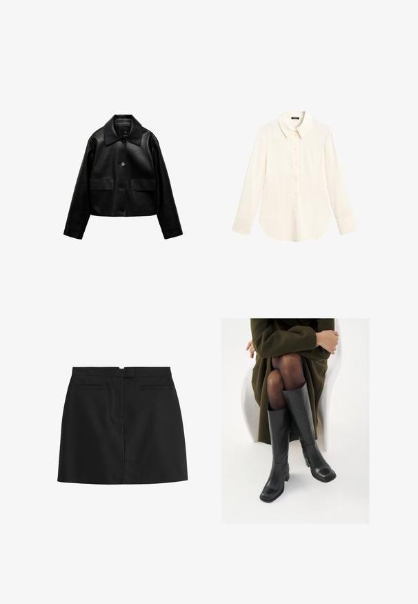 Mango SABINA czarny; Biała bluzka z długim rękawem, z kołnierzykiem w kształcie klapy, z przodu zapinana na guziki oraz lekko zaokrąglonym dołem. Wykonana z gładkiego, lekkiego materiału.; Czarna mini spódnica wykonana z gładkiego materiału, o prostym kroju, z dwoma kieszeniami z tyłu i ukrytym zapięciem na suwak z tyłu.; Kozaki skórzane do kolan w kolorze czarnym, z kwadratowym noskiem i słupkowym obcasem, pokazane na modelce siedzącej w oliwkowej zielonej kurtce. Gładka tekstura, minimalne detale.