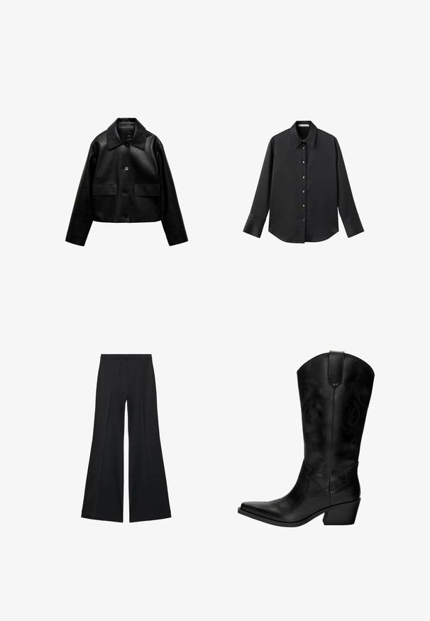 Mango Imiteret læderjakke - black; Sort langærmet skjorte i glat stof, med klassisk krave, frontlukning med guldtonede knapper og brede manchetter.; Sorte brede bukser med en glat tekstur, der har fremadrettede folder og en skræddersyet design. Stofferne er lette og flerdimensionelle.; Sort læder cowboystøvle med spids tå, mellem hæl, dekorativ syning og trækflap for nem påtagning. Glat tekstur og høj skaft.