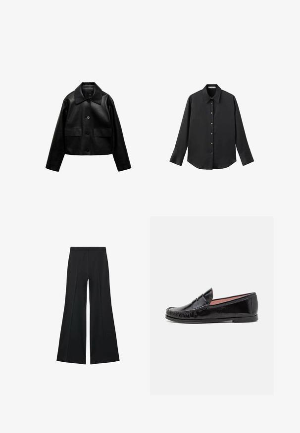 Mango Jachetă din imitație de piele - black; Cămașă neagră cu mâneci lungi dintr-un material neted, având un guler clasic, închidere frontală cu butoane aurii și manșete late.; Pantaloni negri cu croială largă, având o textură netedă, cu pliseuri frontale și un design croit. Materialul este ușor și fluid.; Loaferi din piele la ghilit cu vârful rotunjit, cusături decorative pe partea superioară și o talpă joasă, plată din cauciuc.