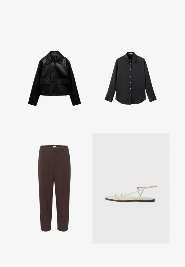 Mango Jachetă din imitație de piele - black; Cămașă neagră cu mâneci lungi dintr-un material neted, având un guler clasic, închidere frontală cu butoane aurii și manșete late.; Pantaloni maronii cu un design croitorie, având o talie, pliseturi frontale și o croială dreaptă. Textură netedă și detalii minime.; Sandalie plate bej cu multiple bretele subțiri și o cataramă ajustabilă. Talpa este plată, cu un ușor contrast întunecat la margine.