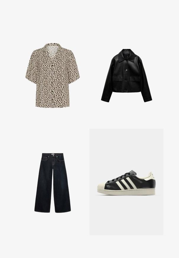 Mango Faux leather jacket - black; Leopard-print short-sleeve shirt in beige, featuring a notched collar, button front, and lightweight fabric with a smooth texture.; Wide-leg dark denim jeans with a high waist, featuring contrasting stitching, front pockets, and a minimalistic design.; Black leather sneaker with white stripes, rubber toe cap, black laces, and a cream-colored outsole. Smooth texture with shiny finish.