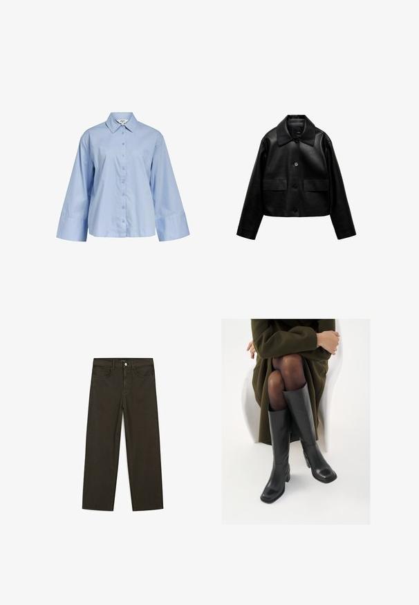 Mango Jacka i konstläder - black; Object LOOSE FIT - Blus - serenity; Mörkgröna vida jeans i bomullsblandning, med knäppning fram, fem fickor och klassisk denimstickning.; Knähöga svarta läderstövlar med fyrkantig tå och klack i blockmodell, visade med en modell sittande i en olivgrön kappa. Slät textur, minimal detaljering.