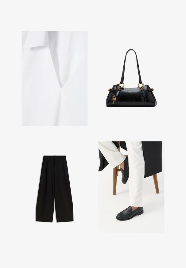 Mango SABINA czarny; Biała tkanina o miękkiej, gładkiej fakturze z głębokim dekoltem w kształcie litery V i ukośnym klapem. Minimalistyczny design z czystymi liniami.; Czarne spodnie szerokie z gładkiego materiału, z wysokim stanem, plisami z przodu i bez widocznych ozdób czy wzorów.; Czarne skórzane loafersy o gładkiej fakturze i szerokim pasku, noszone z białymi eleganckimi spodniami. Obcas ma płaski design.; Czarna skórzana torebka o gładkiej fakturze, zaokrąglonym kształcie, złotych akcentach metalowych i podwójnych uchwytach. Posiada dekoracyjny zamek z boku.