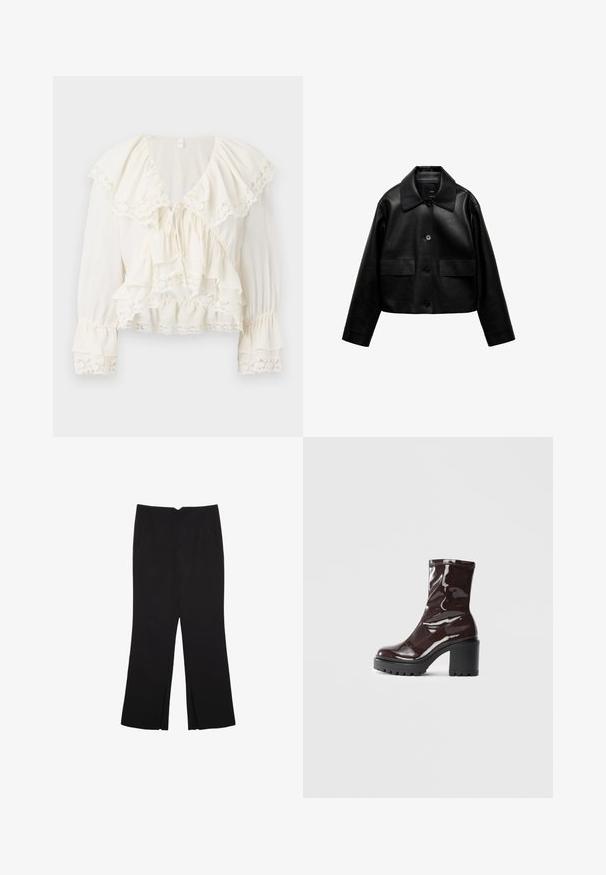 Mango Jakna od umjetne kože - black; Bijela bluze s višeslojnim, naboranim dizajnom, čipkastim obrubom na rukavima i rubu, te V-izrezom s vezicom.; Crne hlače ravnog kroja, s prednjim džepovima i bočnim prorezima na rubu. Izrađene od mekog i glatkog materijala. Pogodne za razne prigode.; Sjajna burgundska čizma do gležnja s debelim crnim potplatom, koja se odlikuje glatkom teksturom i jednostavnim dizajnom. Nema vidljivih kopčanja ili uzoraka.