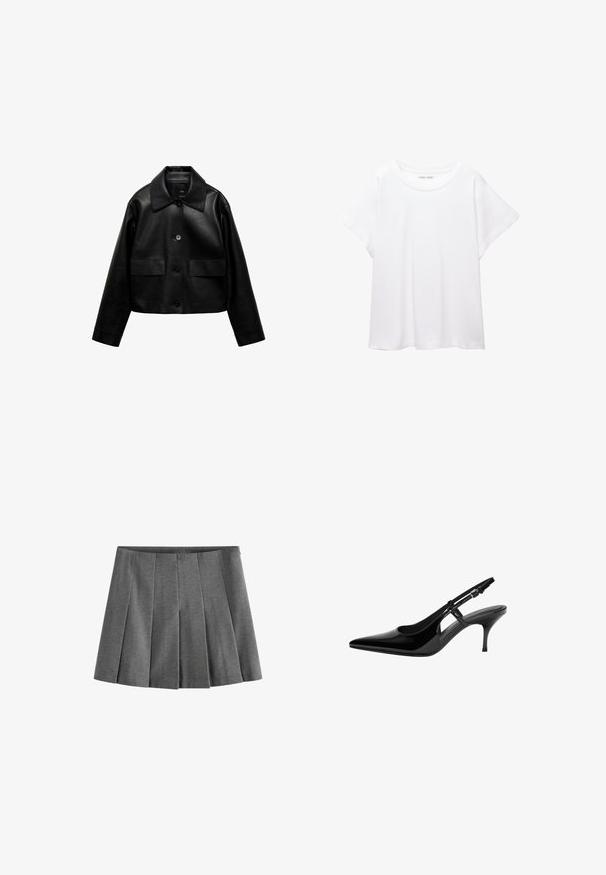 Mango Giacca in similpelle - black; T-shirt bianco realizzato in un tessuto morbido e leggero. Presenta un collo rotondo e maniche corte e larghe con vestibilità morbida. Nessun motivo visibile.; Gonna plissettata grigia realizzata in un tessuto morbido, con una vita elasticizzata e pieghe uniformi per un aspetto strutturato.; Pumps slingback in vernice nera con punta affusolata, ritagli laterali aperti, tacco sottile e cinturino alla caviglia regolabile.