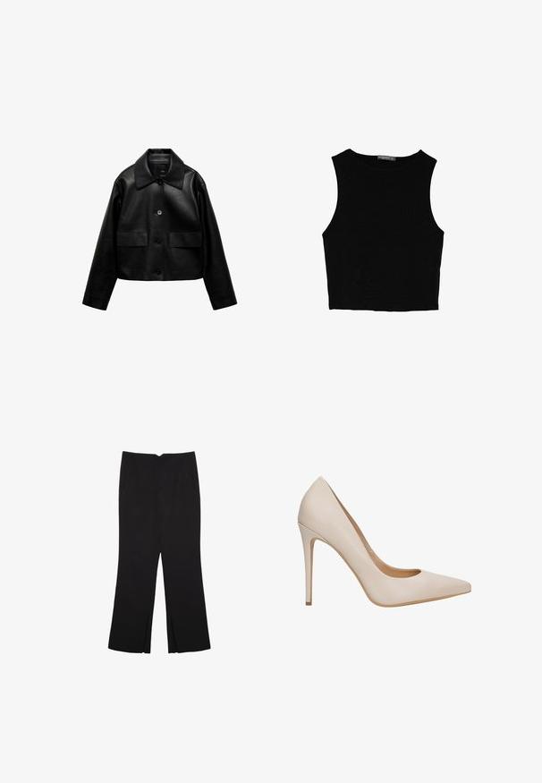 Mango Giacca in similpelle - black; Top corto senza maniche nero realizzato in tessuto liscio, con scollatura rotonda e un design pulito e semplice, privo di pattern o accessori.; Pantaloni neri a gamba dritta, con tasche frontali e spacchi laterali all'orlo. Realizzati in tessuto morbido e liscio. Adatti a diverse occasioni.; Décolleté color beige realizzato in pelle liscia, con punta affusolata, tacco a stiletto e una scollatura bassa lungo i lati.