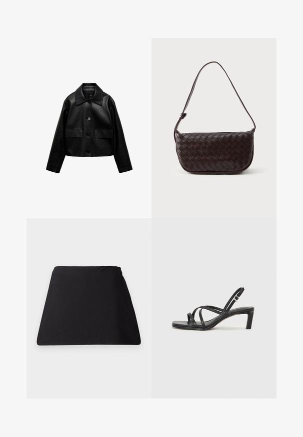 Mango Keinonahkatakki - black; Musta hihaton paita, joka on valmistettu puuvillasta, ja jossa on pyöreä kaula-aukko sekä leveät kainaloaukot. Silkkinen pinta ja ommellut reunat. Klassinen, minimalistinen muotoilu.; Musta trapetsimäinen kangas, jossa on sileä pinta, saumatonta muotoilua ja ei näkyvää kiinnitystä. Yksinkertainen muoto sopii moniin käyttötarkoituksiin.; Mustat hihnalligat, joissa on neliön muotoinen kärki ja matala lohkokorko. Ominaisuuksiin kuuluu useita ohuita hihnoja ja säädettävä nilkkahihna. Valmistettu sileästä nahasta.; Kudottu nahkainen olkalaukku tummanruskeana, kaarevalla muotoilulla, säädettävällä hihnalla ja sileällä pinnalla. Kompakti malli ilman näkyvää metalliosaa.