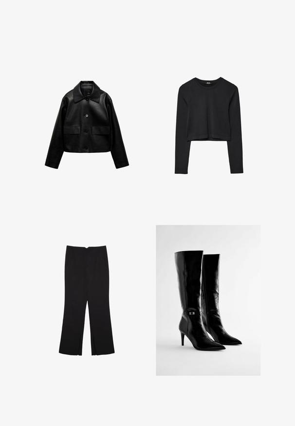 Mango Faux leather jacket - black; Black long-sleeve cropped top with round neckline, plain design, and a slightly curved hem.; Black trousers with a straight fit, featuring front pockets and side slits at the hem. Made of soft, smooth fabric. Suitable for various occasions.; Black knee-high boots made of glossy leather, featuring pointed toes and a slim, high heel. Includes a subtle metallic accent on the side.