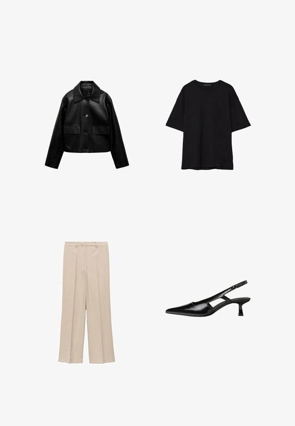 Mango Jakna od umjetne kože - black; Crna pamučna majica s opuštenim krojem, kratkim rukavima, okruglim izrezom i glatkom teksturom. Nema vidljivih uzoraka ili detalja.; Svjetlosmeđi široki hlače s glatkom teksturom, s naboranom prednjom stranom i bočnim džepovima, te dizajnom struka koji se prilagođava.; Crne lakirane natikače na remenčić sa špicastim nosom, dizajnom sa izrezima sa strane i malim kvadratnim potplatom. Glatka tekstura s minimalnim akcentima.