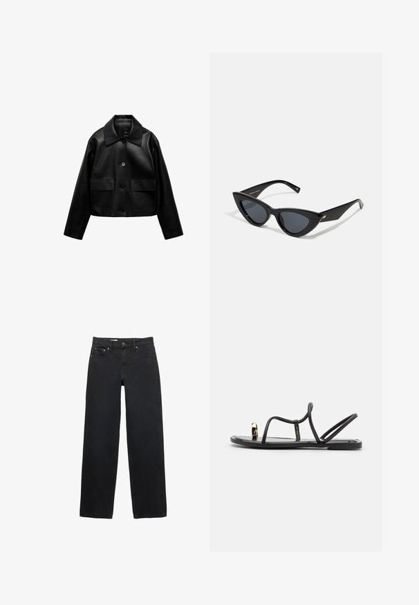 Mango Jakna od umjetne kože - black; Crni i krem prugasti top bez rukava s prilagođenim dizajnom, s debelim horizontalnim prugama i logotipom centriranim sprijeda. Mekana pletena tekstura.; Crne traperice širokog kroja napravljene od denima, sa pet džepova, kopčanjem na dugme, suptilnim šavovima i ravnim krojem od struka do rubova.; Crne ravne sandale s tankim trakama i prstenom za prste, s zlatnim naglaskom na nožnom palcu. Izrađene su od glatkog, sjajnog materijala.; Sunglasses u obliku mačjih očiju s sjajnim crnim plastičnim okvirom, tamnim lećama i zlatnim detaljima na sljepoočnicama. Kutni dizajn s elegantnim linijama.; Crna kožna torba s teksturiranim završnim obradom, koja ima dva gornja ručka, odvojivu naramenicu i detalj s srebrnim kopčanjem.