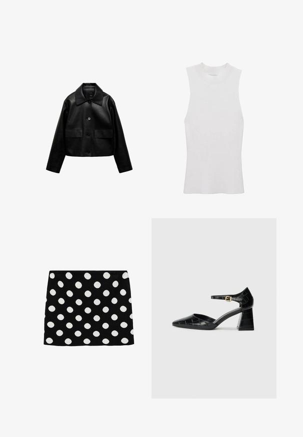 Mango Bunda z nepravej kože - black; Bielo samostatné rebrované tričko bez rukávov s vysokým výstrihom a priliehavým strihom, vyrobené z mäkkej, štruktúrovanej textílie.; Čierna sukňa s veľkými bielymi bodkami, vyrobená z jemnej látky s textúrovaným povrchom. Spodný okraj je strihaný rovno a nie sú viditeľné žiadne kovové komponenty.; Čierna lakovaná kožená vysoká opätková topánka s špicatou špičkou, remienkom okolo členka a textúrovaným vzorom krokodíla. Dizajn so štvorcovým blokovým opätkom.